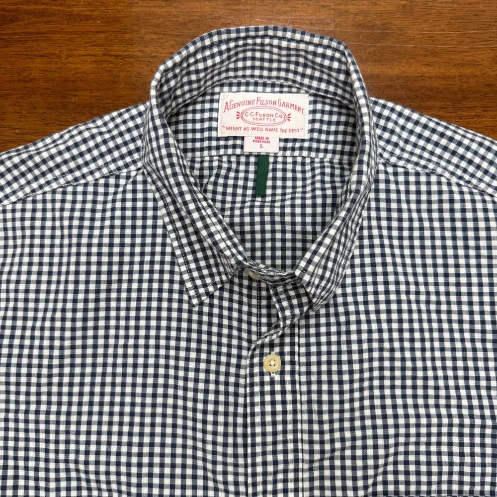 Filson Button Down Shirt Mens Large L Navy Blue Gingham Check Cotton Workwear - Picture 3 of 8